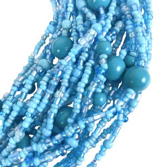 Vintage Multi Strand Blue Statement Glass Station Seed Bead Bib Collar Necklace - Picture 3 of 13